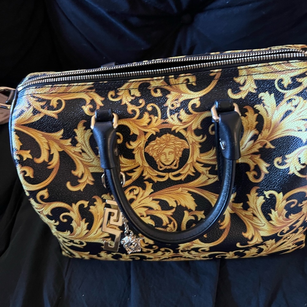 Authentic Versace Black and Gold Medusa Pattern Bag